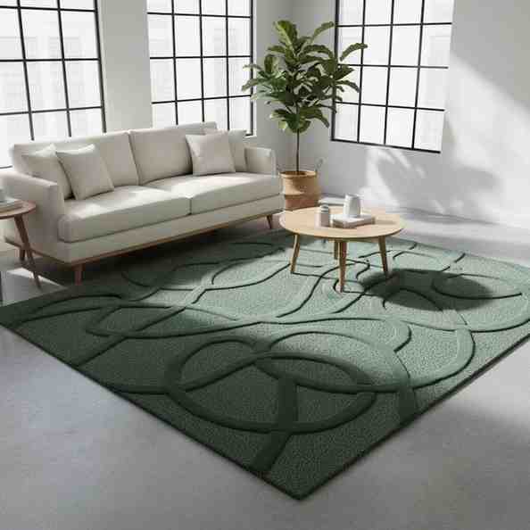 Hand Tufted Wool Rug | Abstract Green Line Design, Custom Size rug living room carpet
