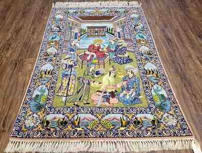 Antique Persian Pictorial Rug 3x5, Wool on Silk Foundation, Hand-Knotted Highly Detailed Imperial Court Sultans, Collectible Oriental Rug