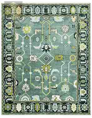 Hand-Knotted Floral Medallion Design Olive Green Oushak Wool Rug